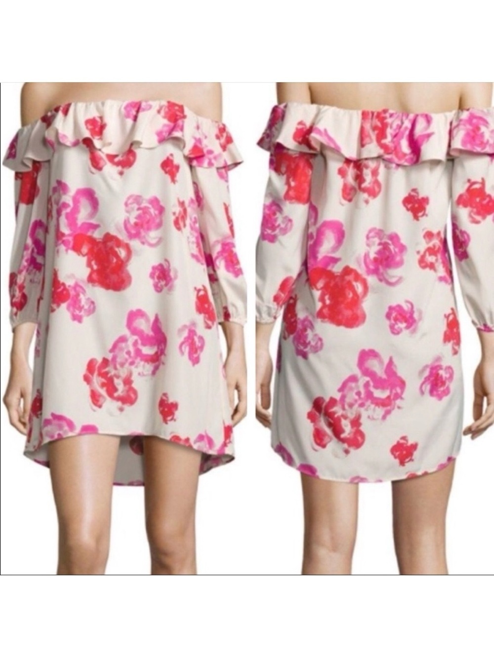Amanda Uprichard Off The Shoulder Floral Ruffle Delilah Shift Dress: Pink/Red